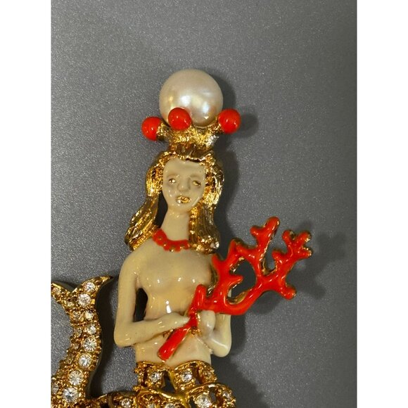 Hutton Wilkinson Mermaid Brooch Swarovski Crystal Red Coral Crown 3" 1990s Signe - Picture 5 of 10